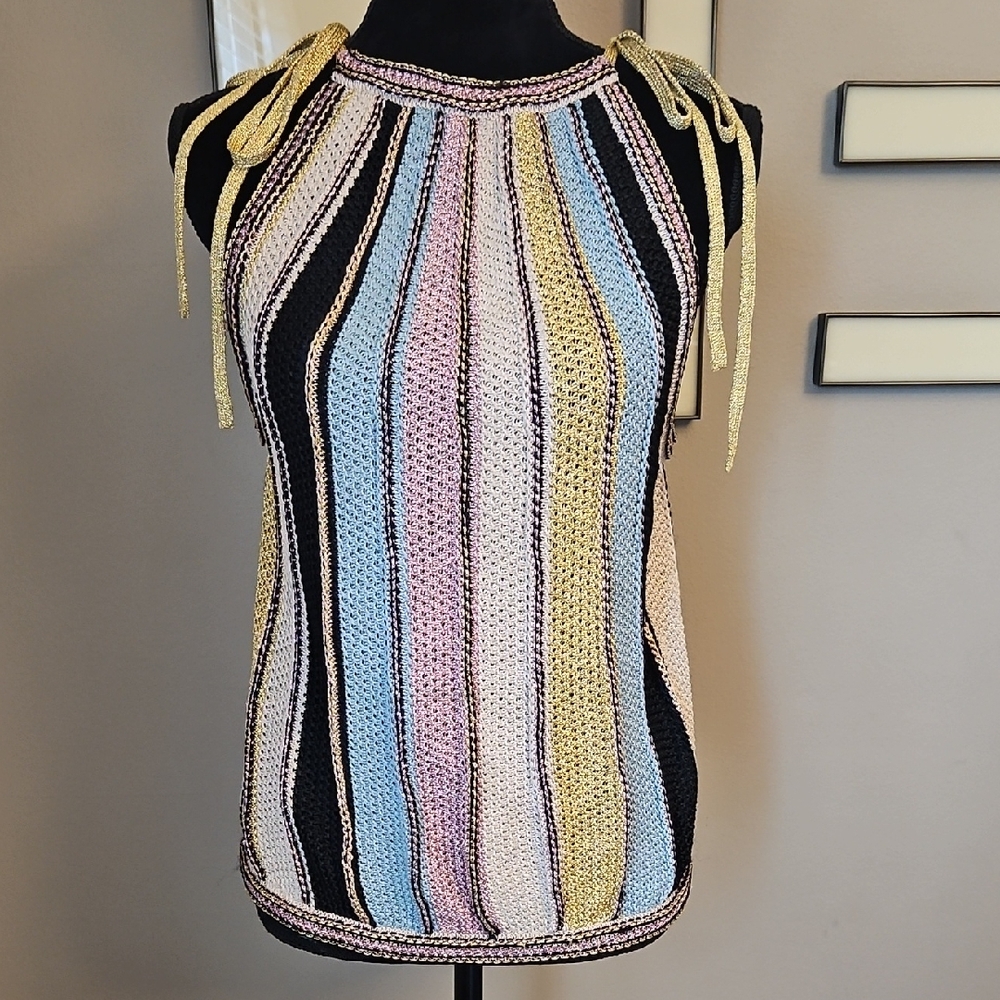 M By Missoni Sleeveless Striped Knit Halter Tank Top in Pastel Stripe
